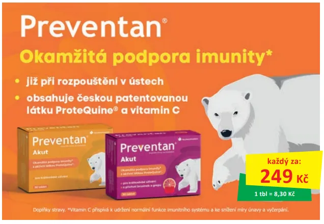 Preventan Akut okamžitá podpora imunity. Cena 249Kč.